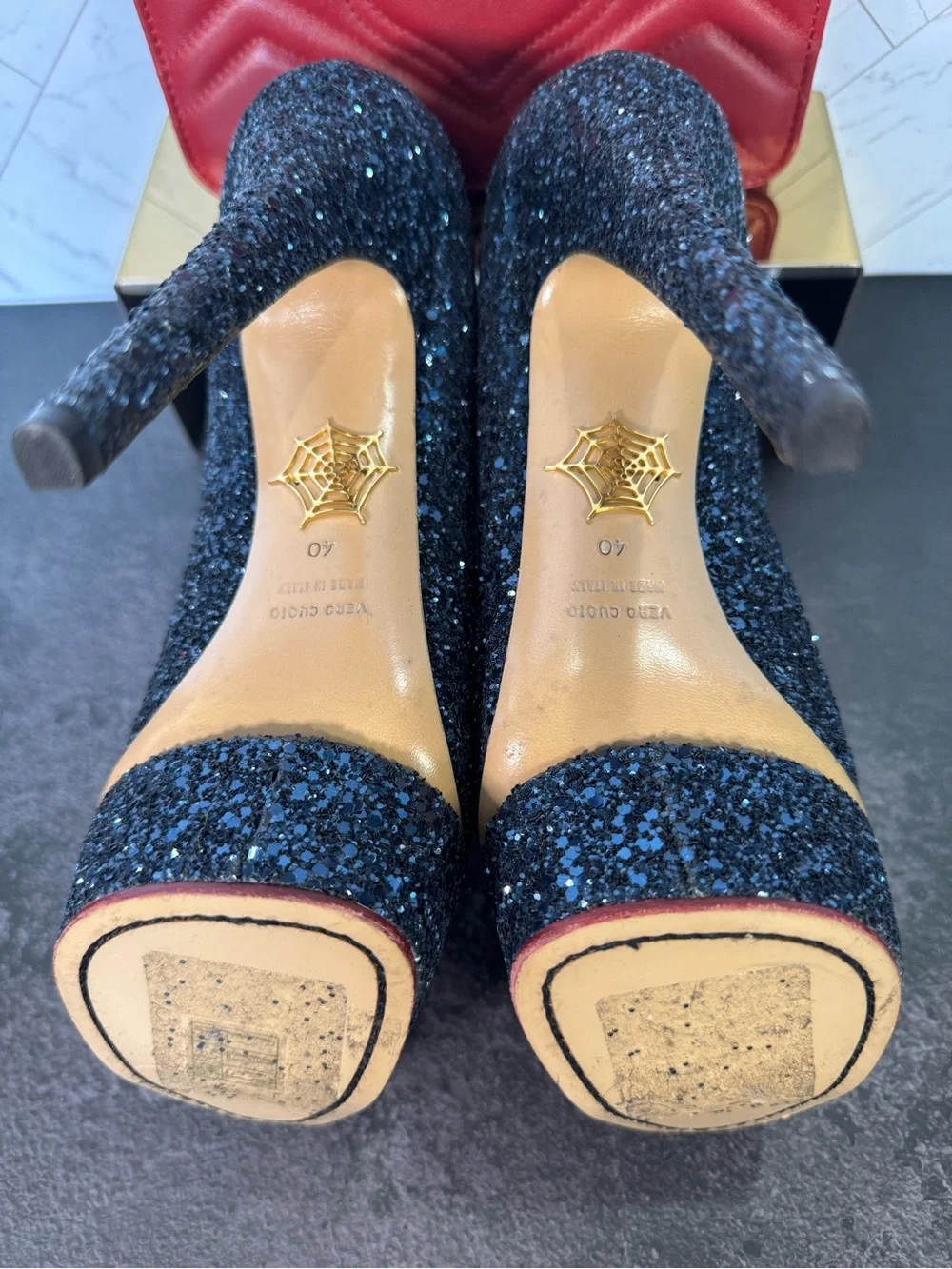 Charlotte Olympia Blue Glitter Platform Pump Heels, Size 40